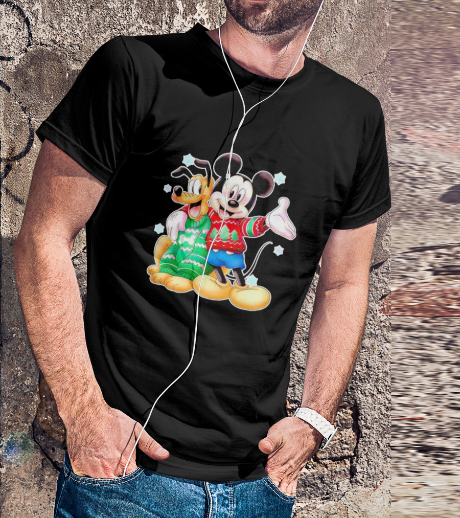 Mickey And Pluto Christmas Sweater Holiday Scene T-Shirt