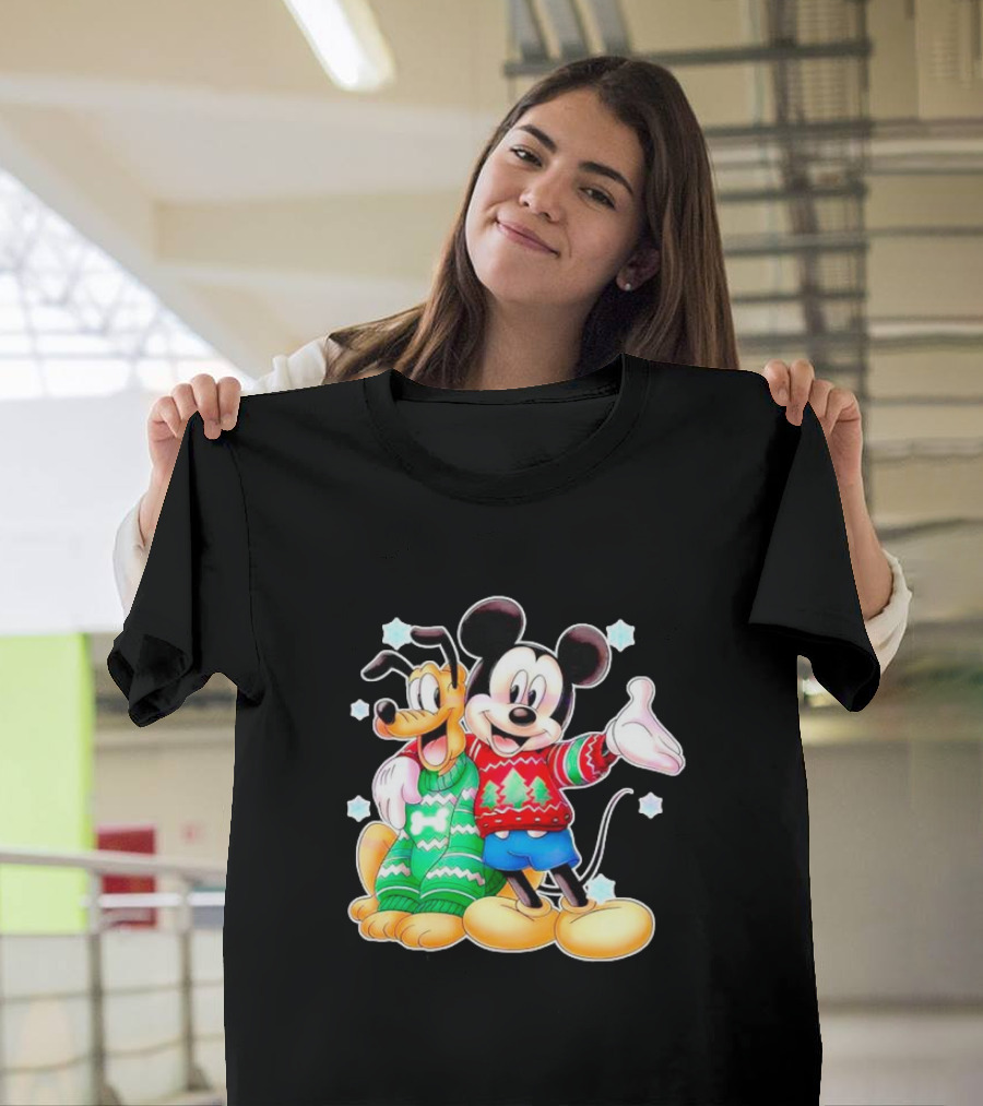 Mickey And Pluto Christmas Sweater Holiday Scene T-Shirt
