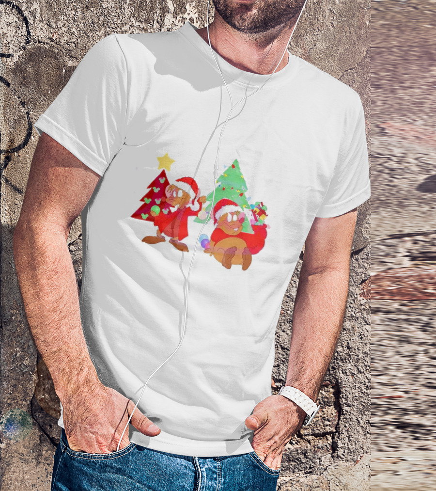 Santa Jaq And Gus With Christmas Lights And Presents By Christmas Tree T-Shirt