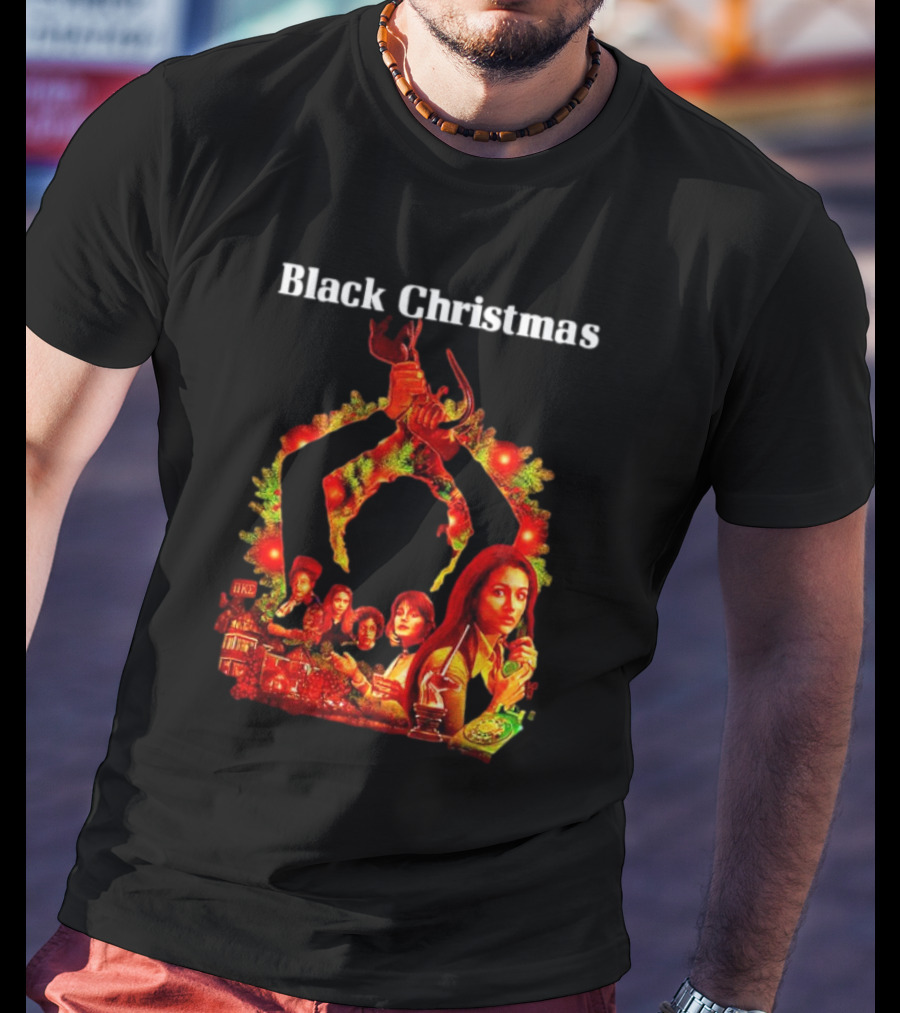 Black Christmas Silent Night Horror Movie Characters Axe Wreath Scene T-Shirt