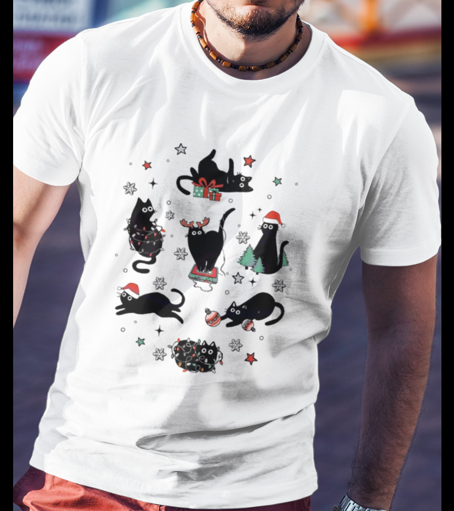 Christmas Black Cat Santa Hat Presents Lights Trees T-Shirt