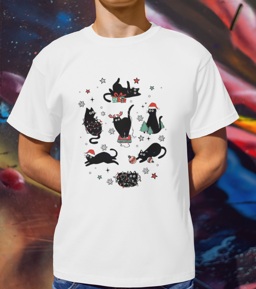 Christmas Black Cat Santa Hat Presents Lights Trees T-Shirt