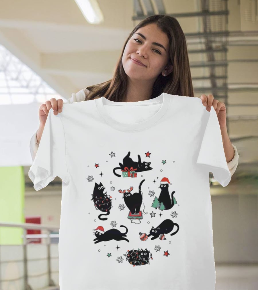 Christmas Black Cat Santa Hat Presents Lights Trees T-Shirt
