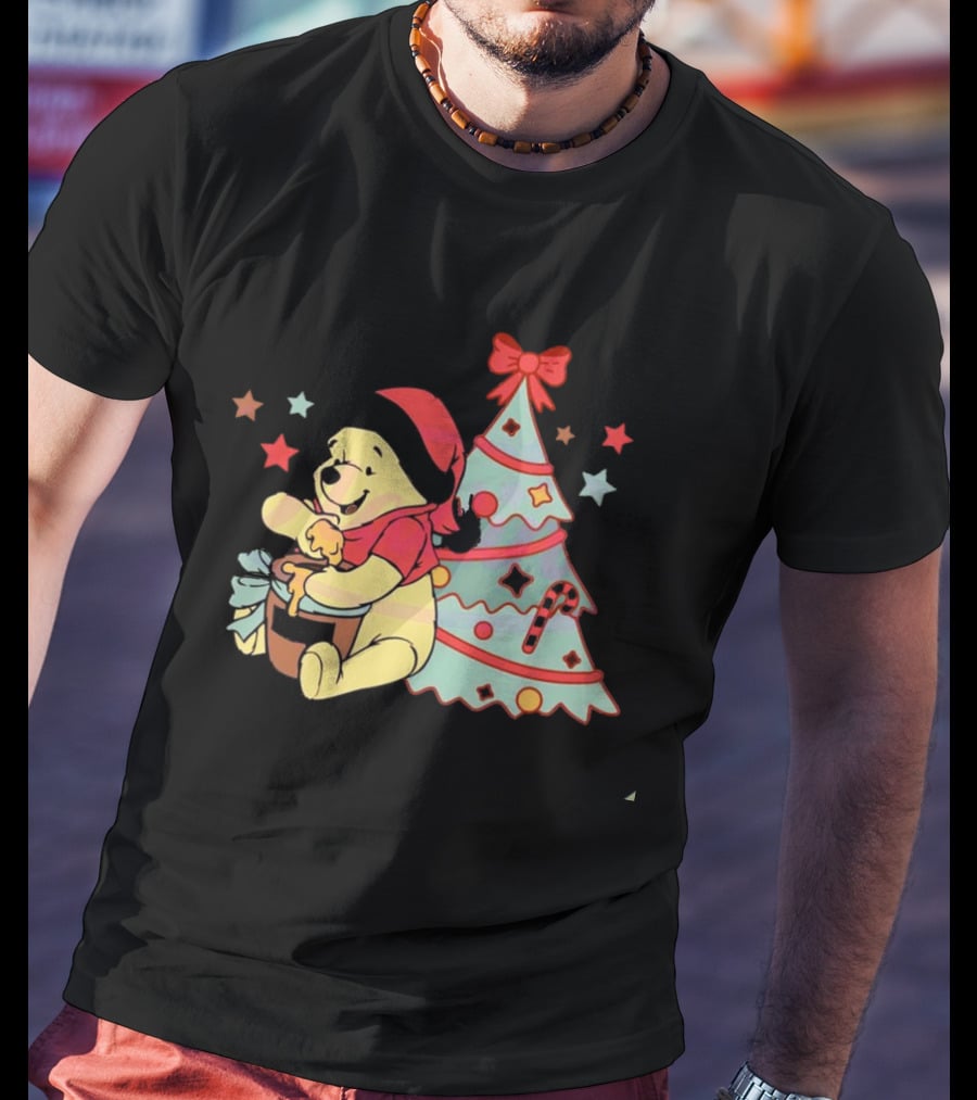 Winni The Pooh Bear Christmas Hunny Jar And Festive Tree T-Shirt