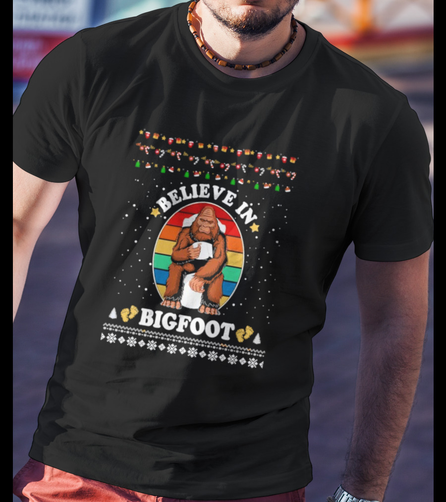 Believe In Bigfoot With Toilet Humor And Christmas Icons T-Shirt