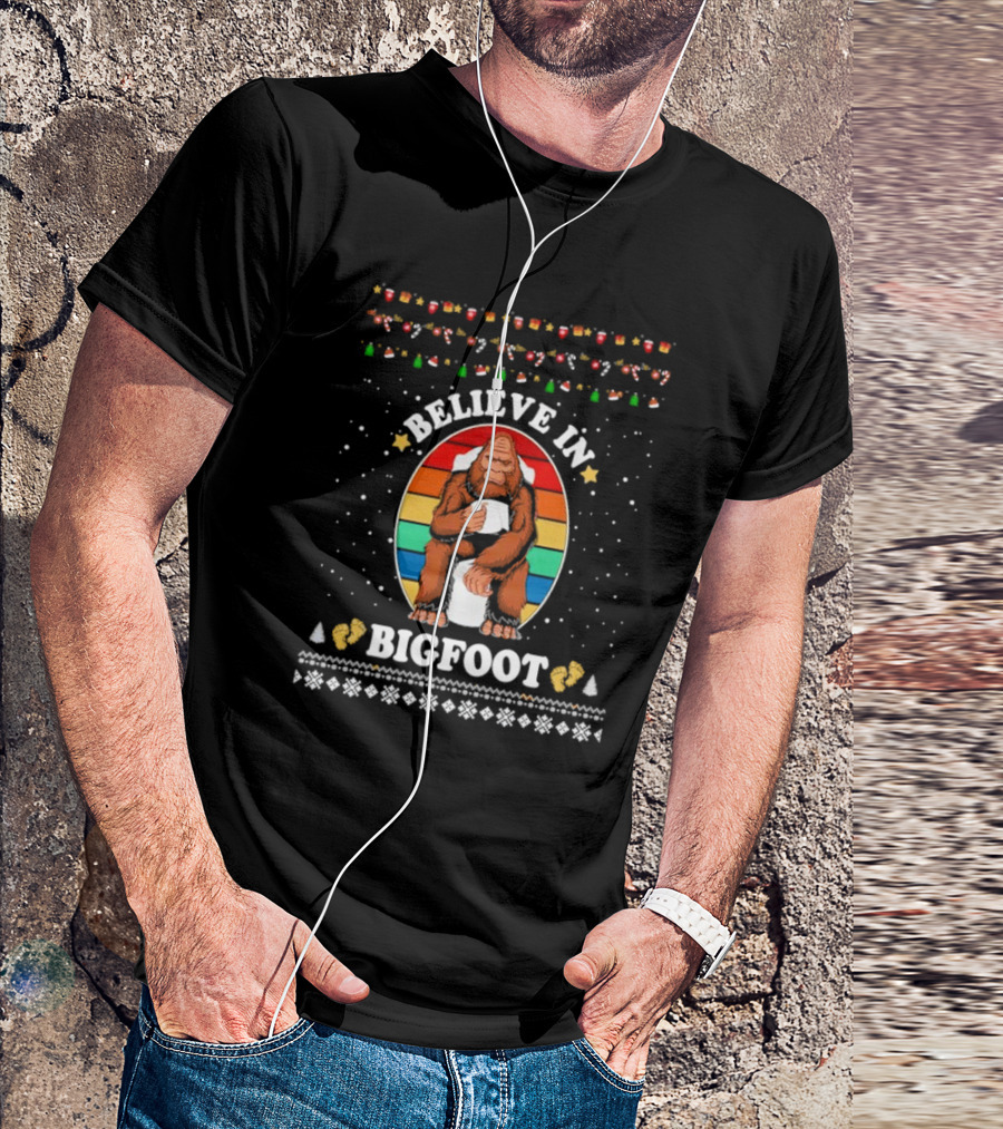 Believe In Bigfoot With Toilet Humor And Christmas Icons T-Shirt