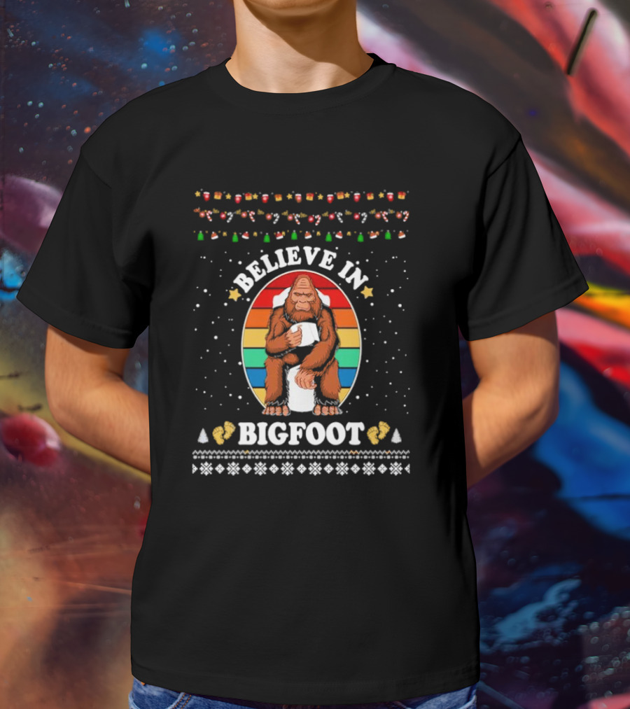 Believe In Bigfoot With Toilet Humor And Christmas Icons T-Shirt