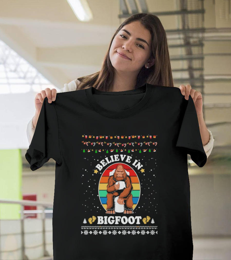 Believe In Bigfoot With Toilet Humor And Christmas Icons T-Shirt