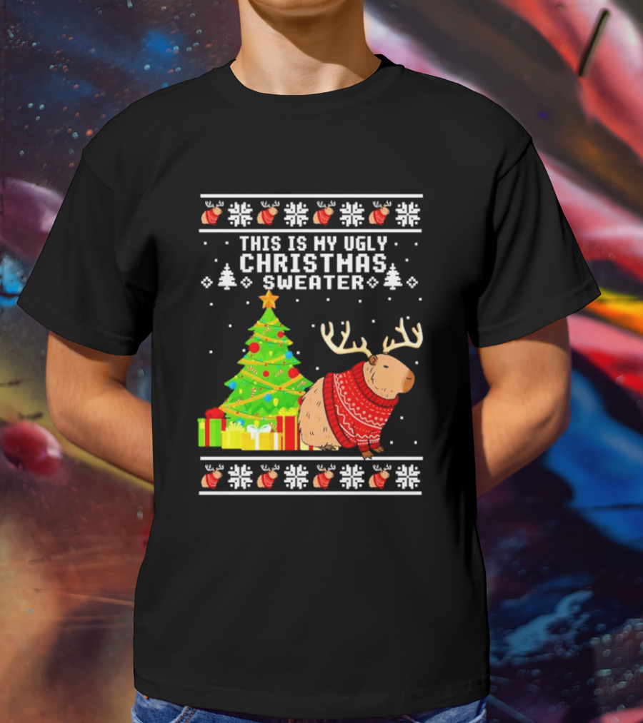 This Is My Ugly Christmas Sweater Capybara Reindeer T-Shirt