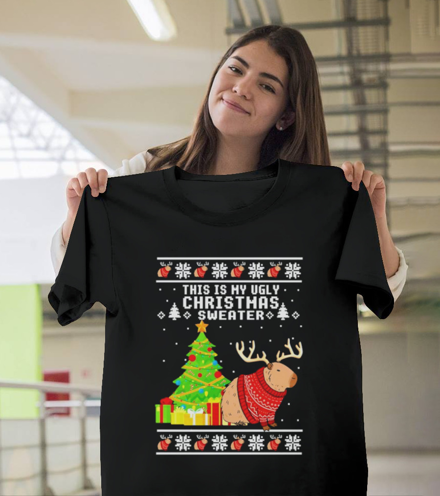 This Is My Ugly Christmas Sweater Capybara Reindeer T-Shirt