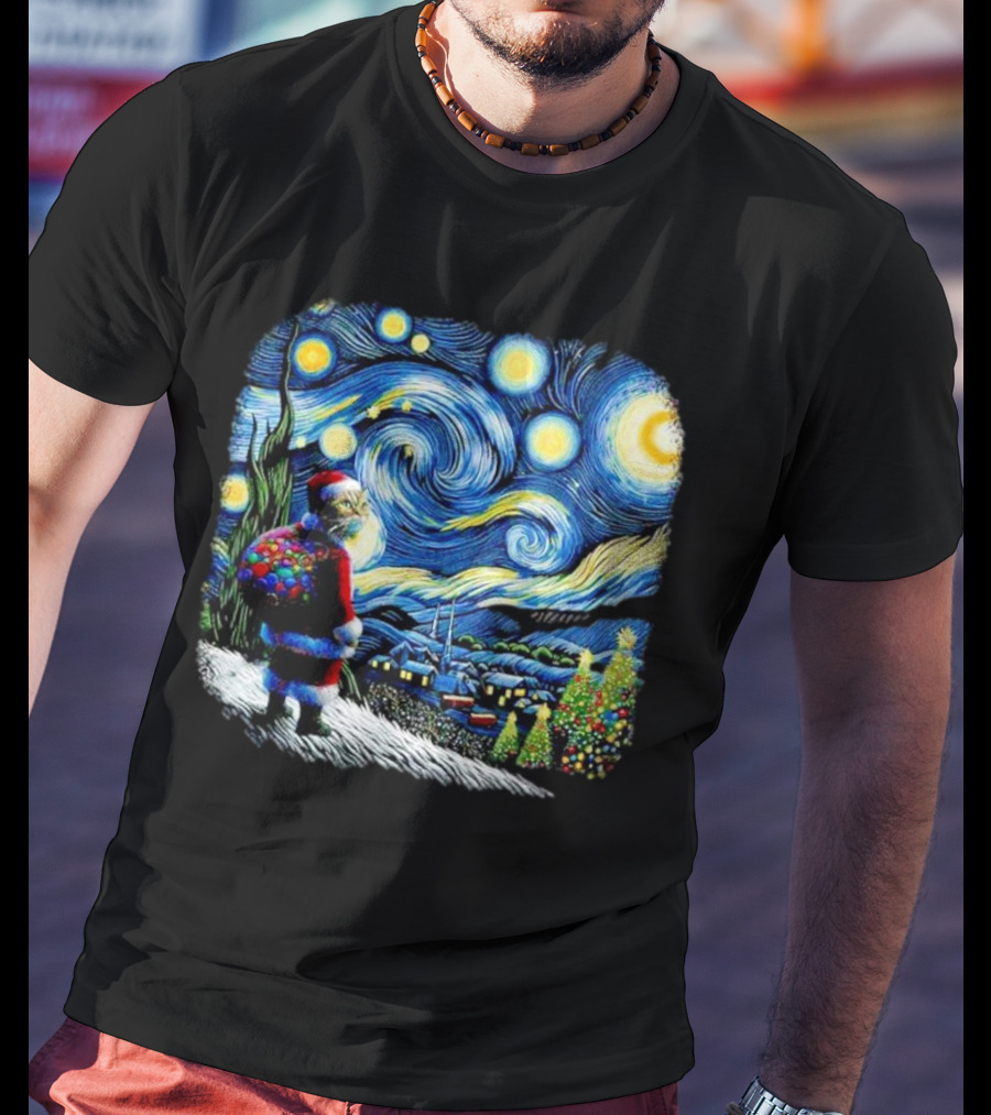 Cat Santa Paws Van Gogh Starry Night Christmas Holiday Scene T-Shirt