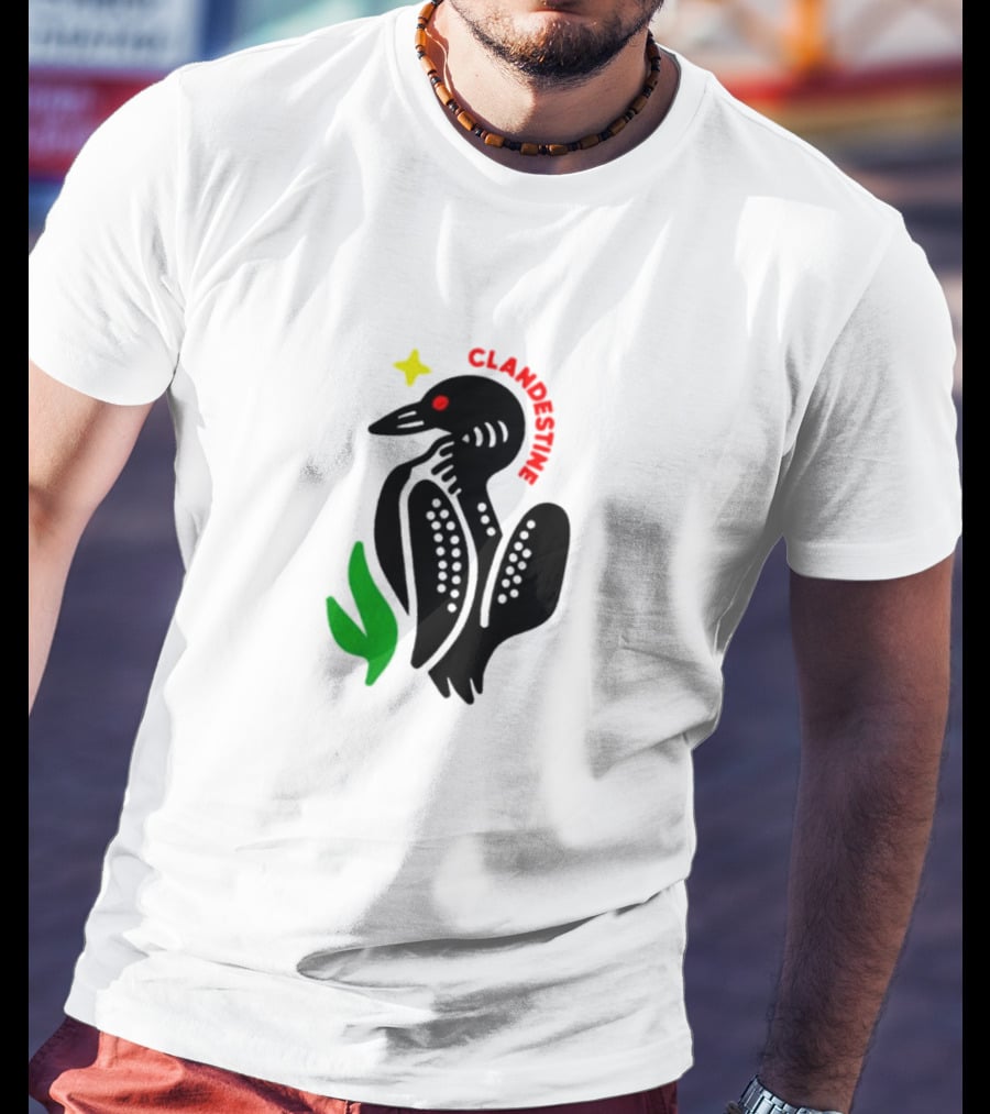 Clandestine Loon Bird With Star And Green Leaf Elements T-Shirt
