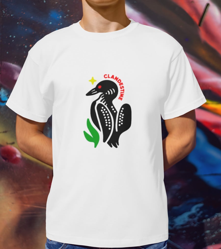 Clandestine Loon Bird With Star And Green Leaf Elements T-Shirt