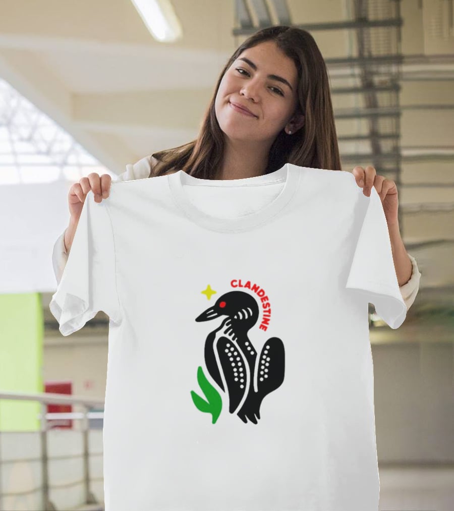 Clandestine Loon Bird With Star And Green Leaf Elements T-Shirt