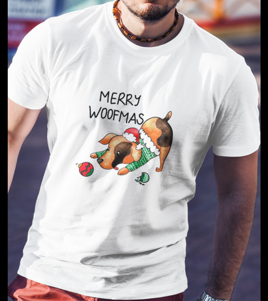 Merry Woofmas Dog In Santa Hat And Sweater With Christmas T-Shirt