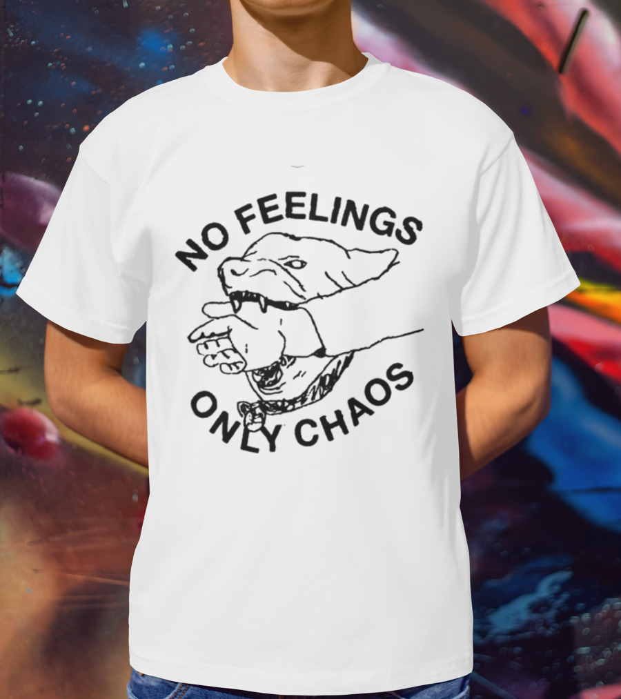 No Feelings Only Chaos Hand-Biting Shark Drawing T-Shirt