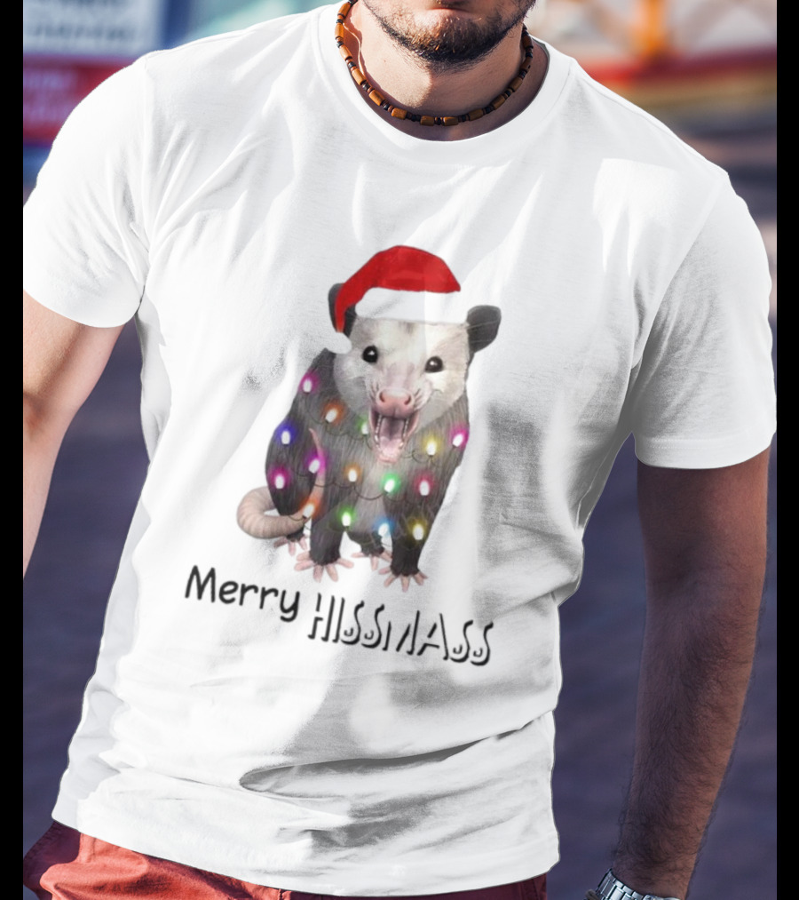 Merry Hissmas Opossum Santa Hat Christmas Lights T-Shirt