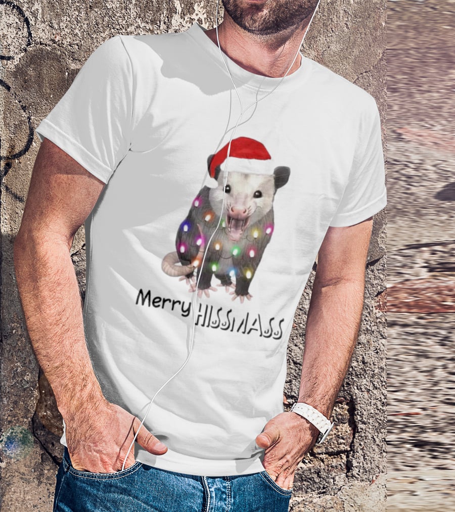 Merry Hissmas Opossum Santa Hat Christmas Lights T-Shirt