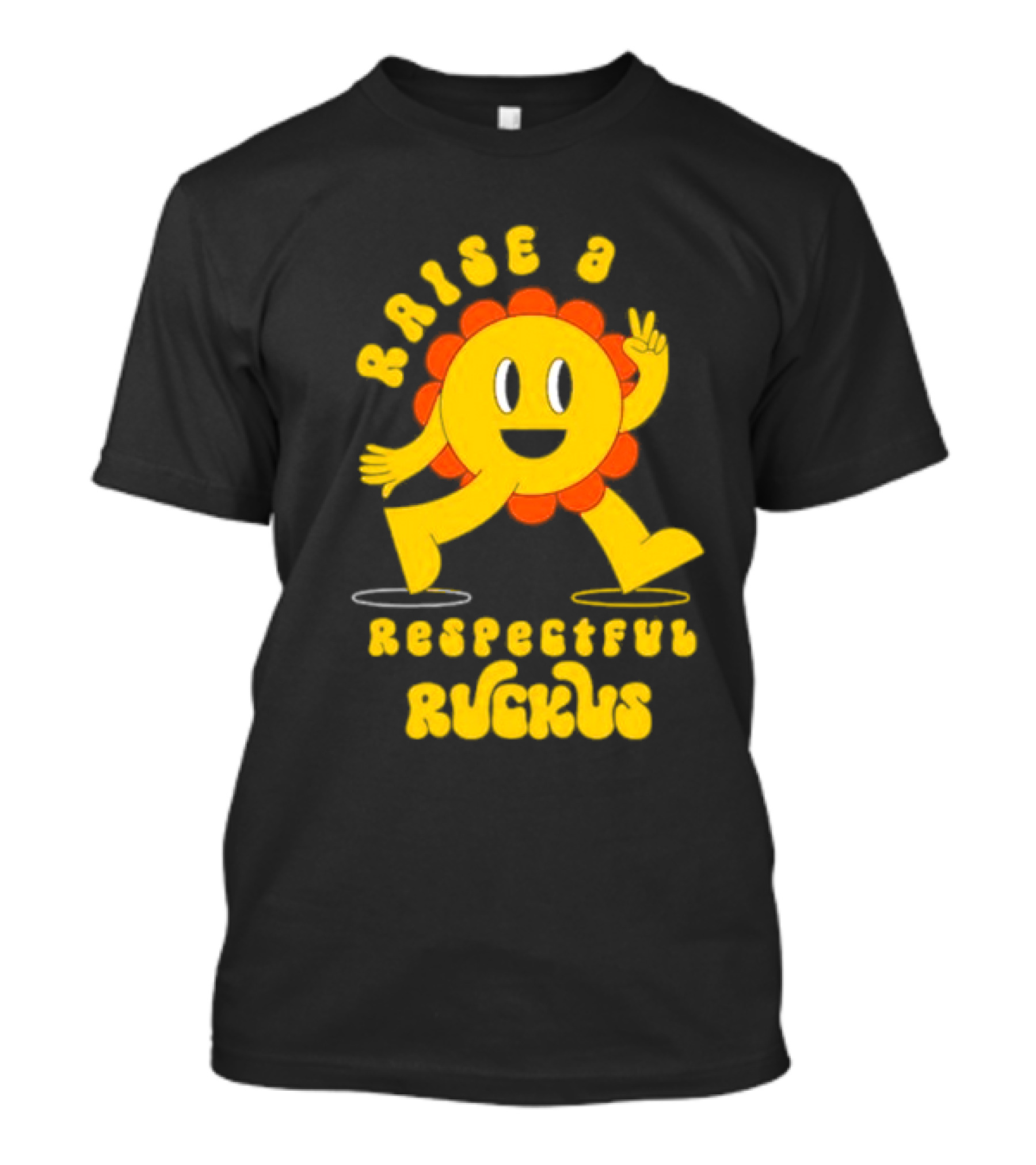 RAISE A RESPECTFUL RUCKUS CHARACTER WALKING WITH PEACE SIGN YELLOW AND ORANGE T-Shirt