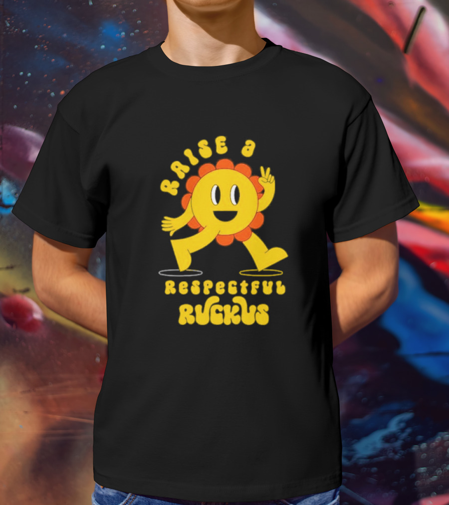 RAISE A RESPECTFUL RUCKUS CHARACTER WALKING WITH PEACE SIGN YELLOW AND ORANGE T-Shirt