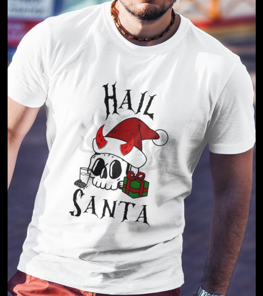 Hail Santa Skull With Devilish Santa Hat And Christmas Present T-Shirt