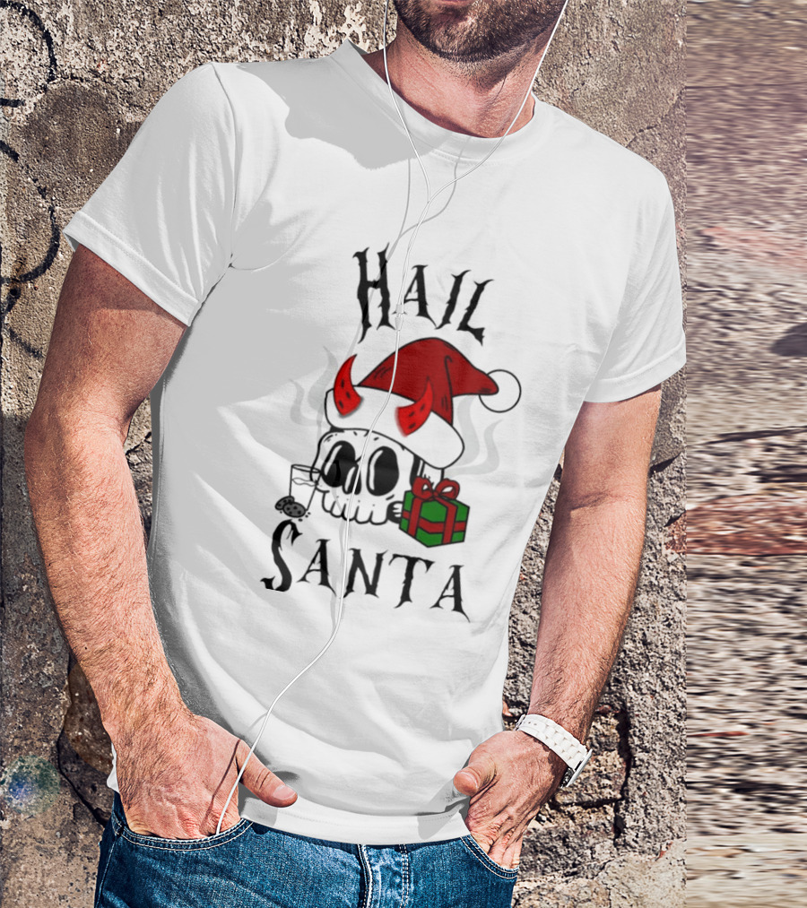 Hail Santa Skull With Devilish Santa Hat And Christmas Present T-Shirt