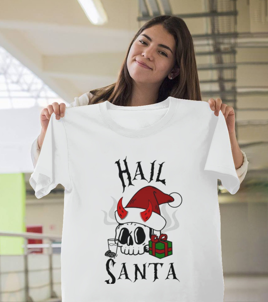 Hail Santa Skull With Devilish Santa Hat And Christmas Present T-Shirt
