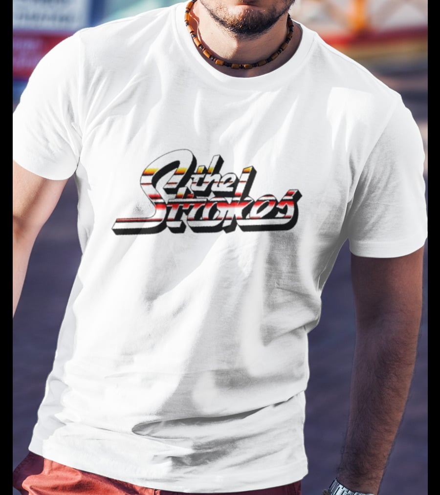 The Strokes Striped Text With Red And Yellow Accents T-Shirt