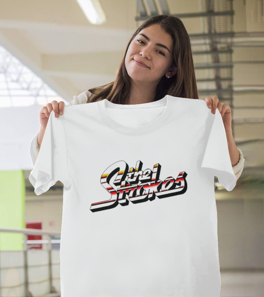 The Strokes Striped Text With Red And Yellow Accents T-Shirt