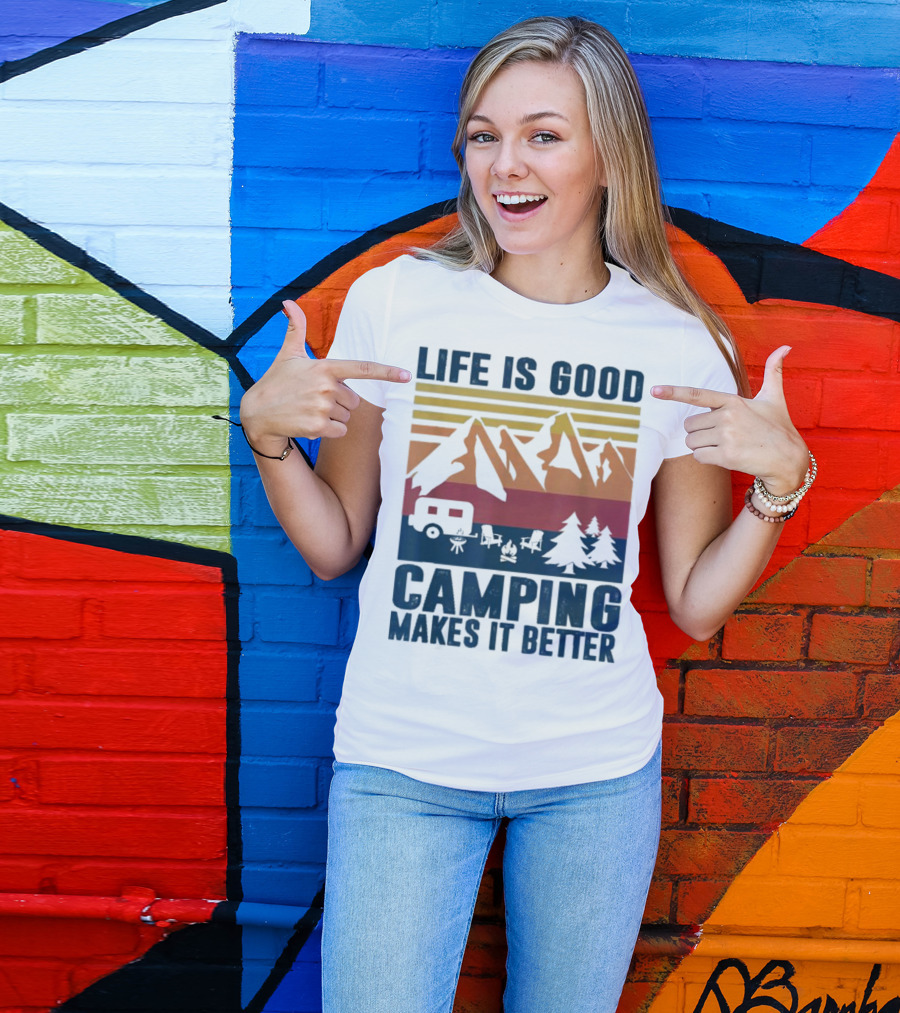 Life Is Good Camping Makes It Better Vintage Mountains Camper Landscape T-Shirt