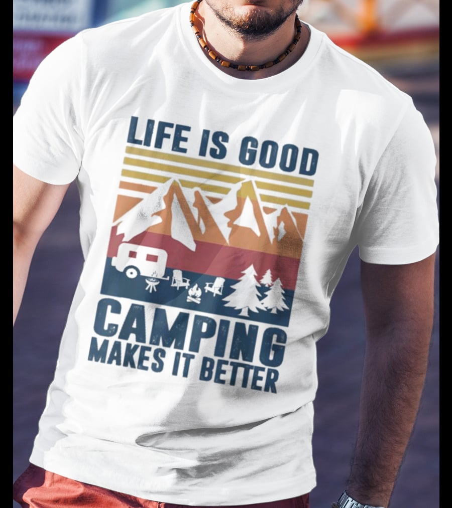 Life Is Good Camping Makes It Better Vintage Mountains Camper Landscape T-Shirt