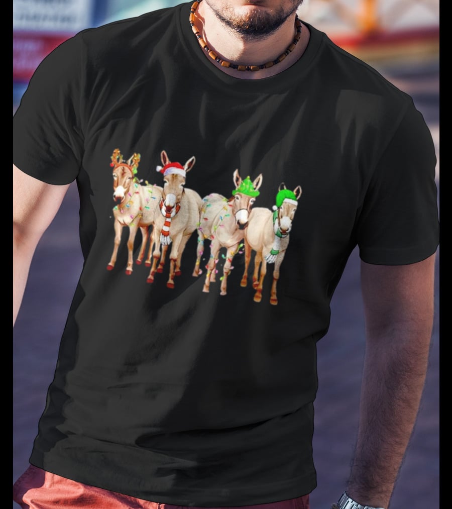 Merry Christmas Donkey Festive Holiday Lights With Reindeer Antlers And Santa Hats T-Shirt
