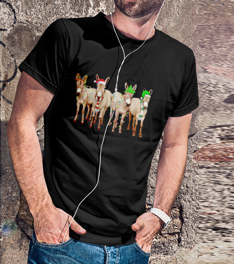 Merry Christmas Donkey Festive Holiday Lights With Reindeer Antlers And Santa Hats T-Shirt
