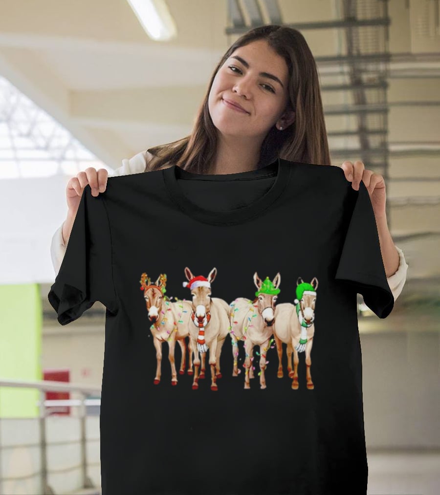 Merry Christmas Donkey Festive Holiday Lights With Reindeer Antlers And Santa Hats T-Shirt