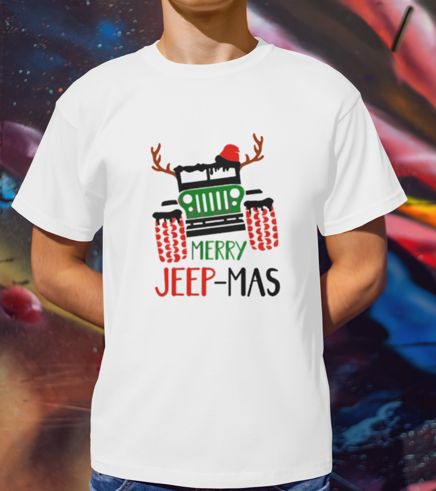 Merry Jeep-Mas Festive Offroad Fun With Antlers And Santa Hat T-Shirt