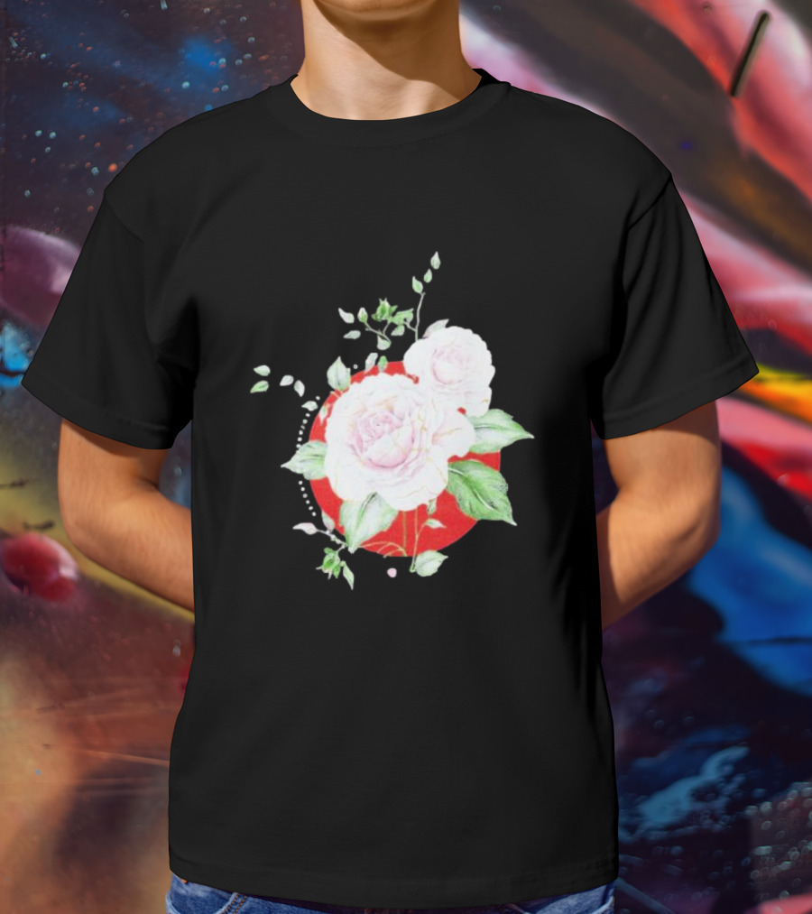 5Yr Kintsugi Rose Floral Design On Red Circle Background T-Shirt