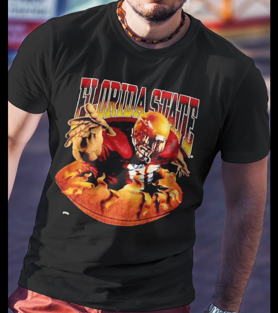 Florida State Seminoles FSU Football Player Emerging From Flames Two Sided Nutmeg T-Shirt