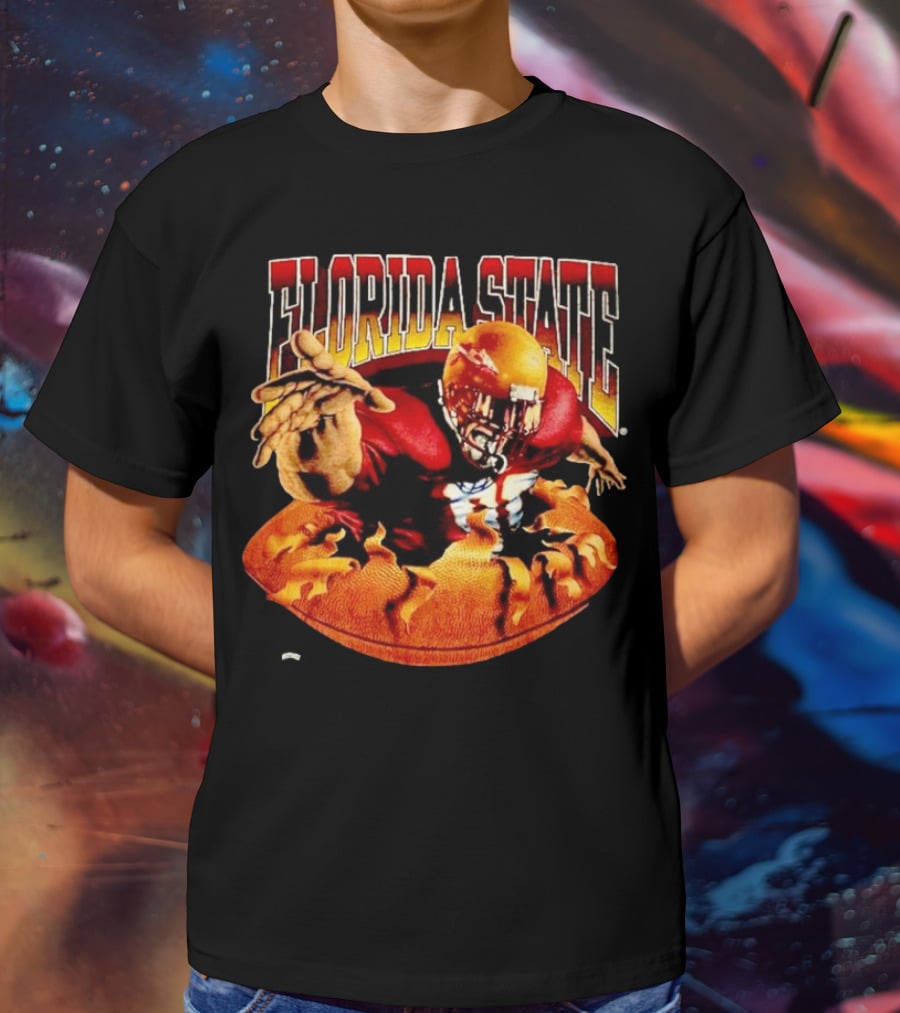 Florida State Seminoles FSU Football Player Emerging From Flames Two Sided Nutmeg T-Shirt