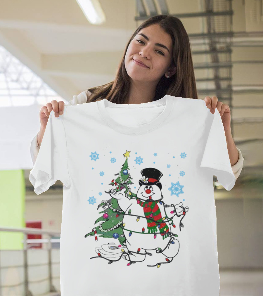 Frosty The Snowman Christmas Tree With Lights And Snowflakes T-Shirt