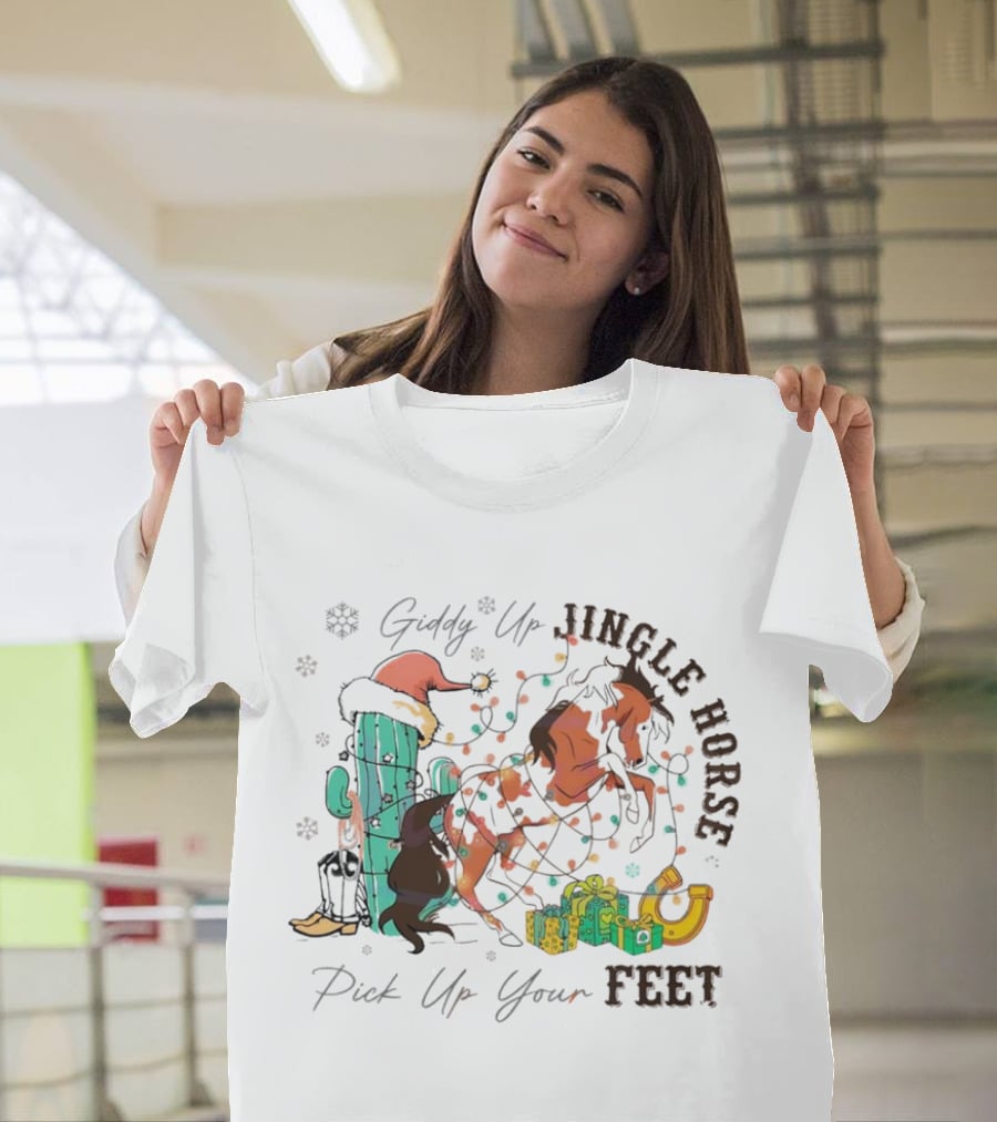Giddy Up Jingle Horse Pick Up Your Feet Cactus With Santa Hat And Gifts T-Shirt