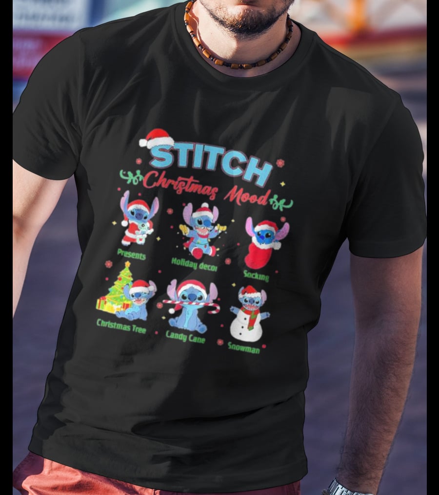 STITCH Christmas Mood Presents Holiday Decor Stocking Christmas Tree Candy Cane Snowman T-Shirt