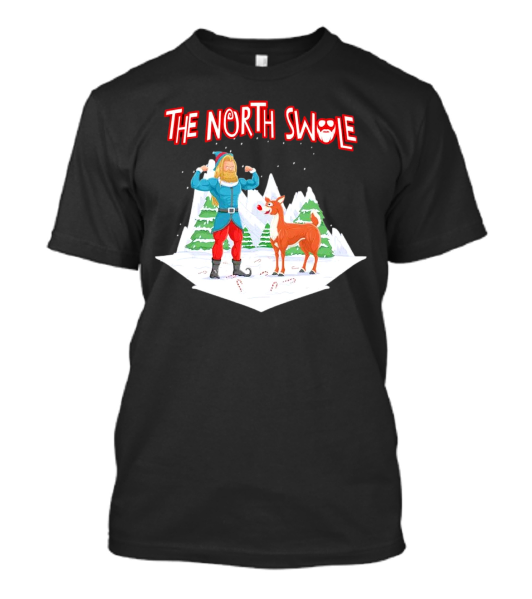 Papa Swolio Elf With Reindeer In The North Swole Winter Scene T-Shirt