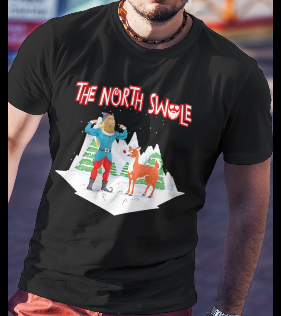 Papa Swolio Elf With Reindeer In The North Swole Winter Scene T-Shirt