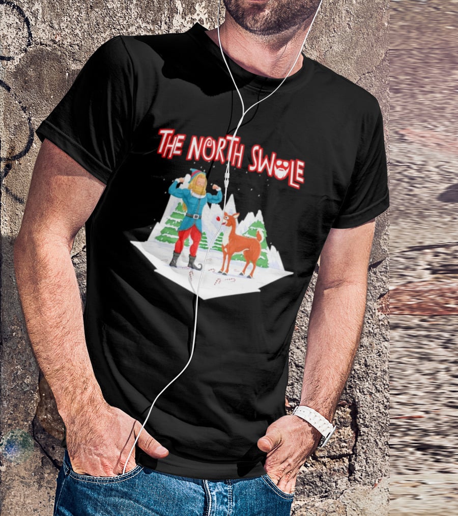 Papa Swolio Elf With Reindeer In The North Swole Winter Scene T-Shirt