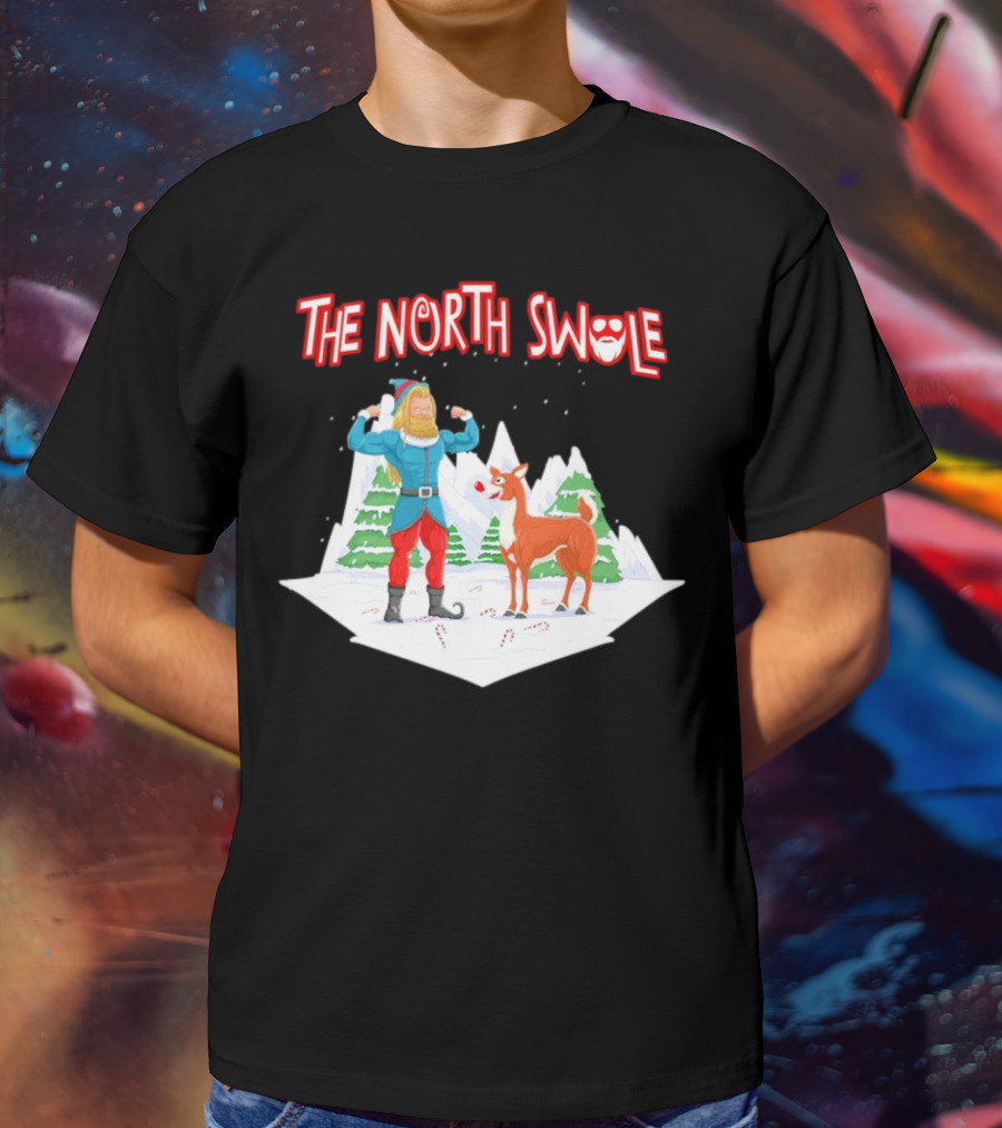 Papa Swolio Elf With Reindeer In The North Swole Winter Scene T-Shirt