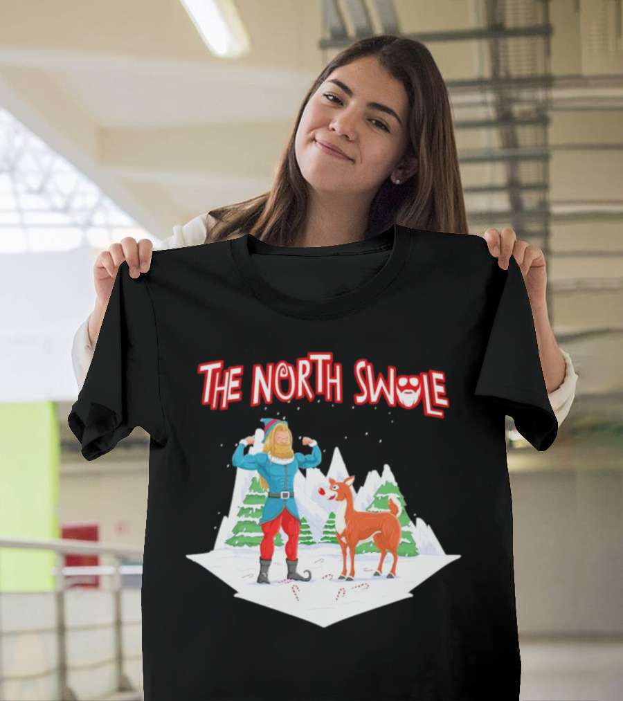 Papa Swolio Elf With Reindeer In The North Swole Winter Scene T-Shirt