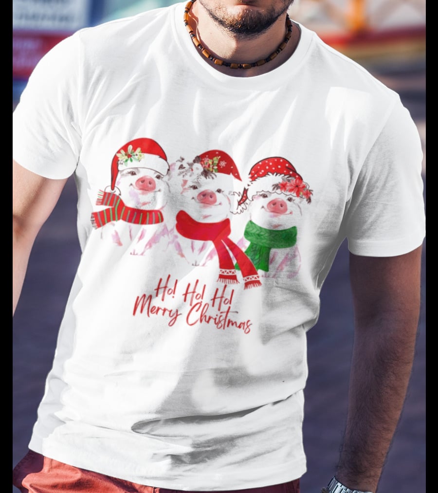 Ho Ho Ho Merry Christmas Pig Trio Santa Hat T-Shirt