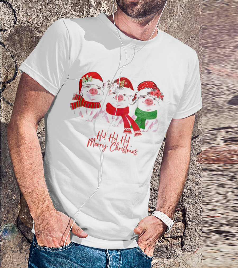 Ho Ho Ho Merry Christmas Pig Trio Santa Hat T-Shirt