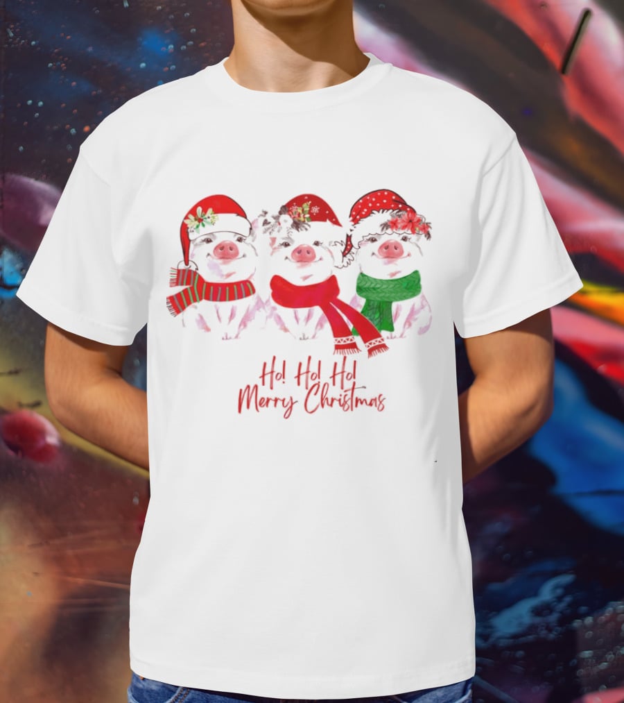 Ho Ho Ho Merry Christmas Pig Trio Santa Hat T-Shirt