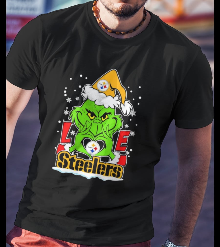 The Grinch Santa Hat Love Pittsburgh Steelers Logo Snowflakes T-Shirt
